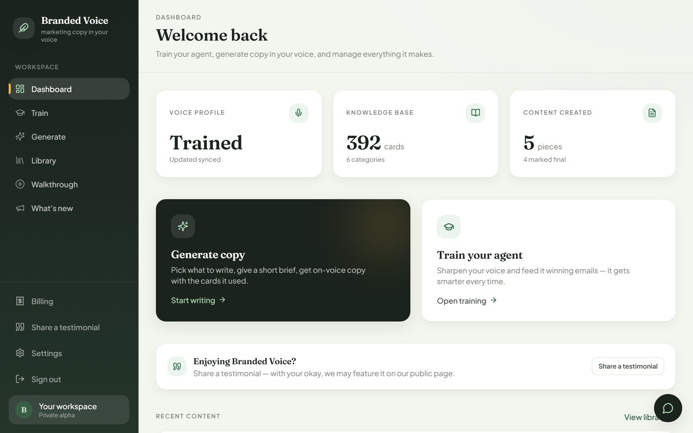 The Branded Voice dashboard after voice training