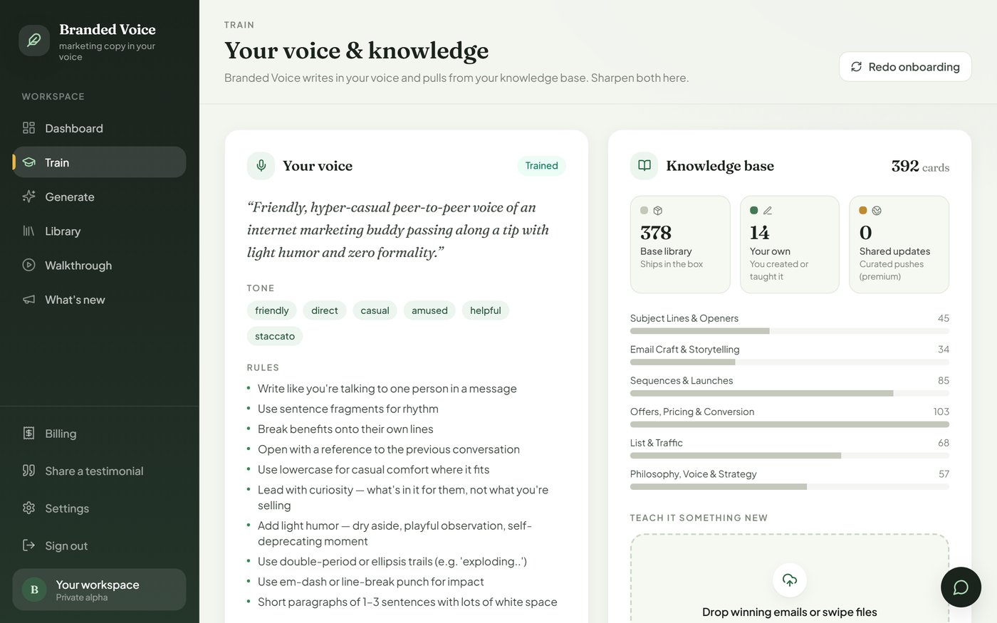 The Train page showing a captured voice profile and knowledge base